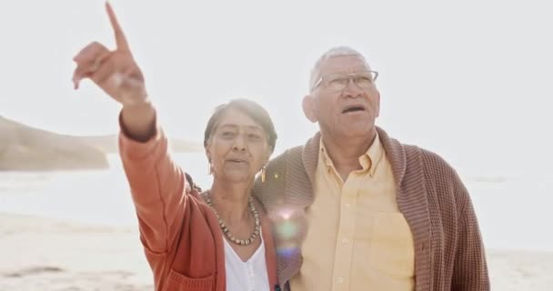 Senior Par Och Peka Stranden För Glada Resor Utsikt Eller — Stockvideo