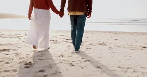일몰에 해변에서 여름에 로맨스에 결합을 바다를 가리키는 노인과 여성을 — 비디오