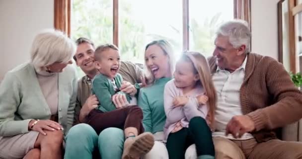 Happy Tickling Children Parents Grandparents Sofa Living Room Home Smile — Stock Video