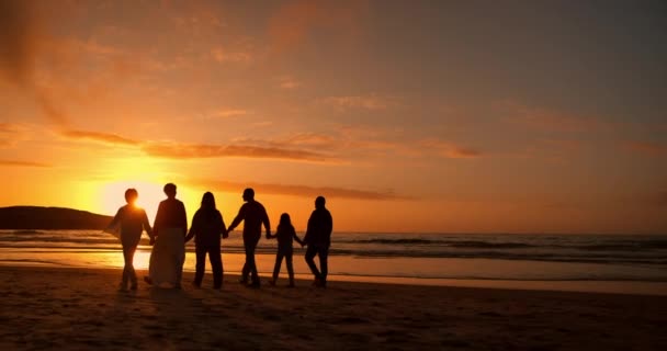 夏休み 週末の旅行でビーチで夕日 ウォーキング 家族の影 トロピカルリゾートで海や海で手を握る人の旅行 シルエット — ストック動画