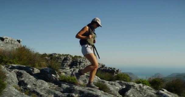 Mulher Caminhadas Caminhadas Topo Montanha Para Viagens Aventura Fitness Bem — Vídeo de Stock