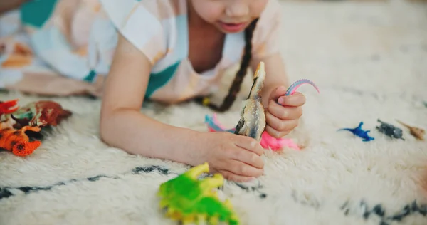 Girl Child Dinosaur Toys Floor Playing Development Relax Game Room — Stock Photo, Image