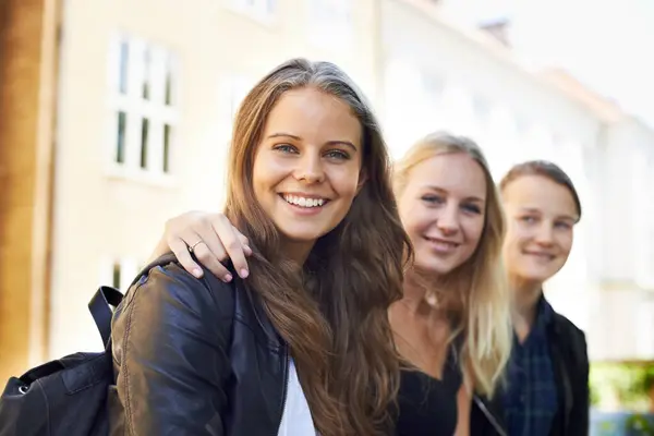 School Friends Portrait Group Support Outdoor Campus Women Happiness Social Stock Image