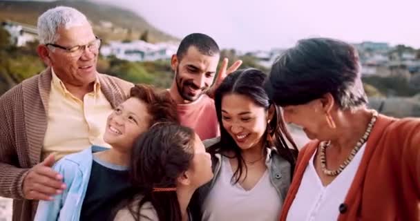 Spiaggia Selfie Volto Famiglia Con Sorriso Tramonto Vacanza Vacanza Fine — Video Stock