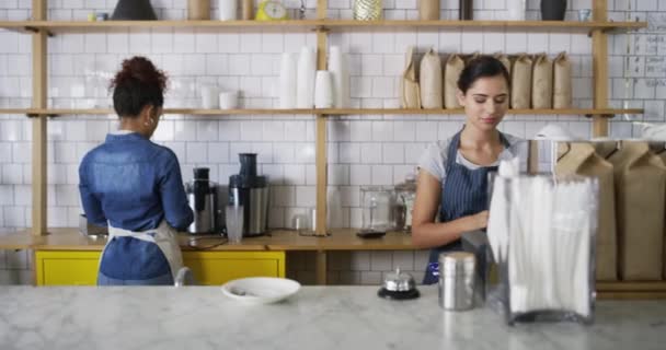 初创咖啡店 女服务员为顾客服务 咖啡店服务员为客人工作 与同事 工人和围裙一起为餐厅 饮料和咖啡店提供服务 服务和服务 — 图库视频影像