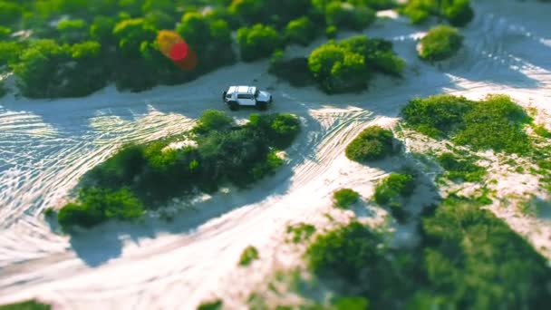 Drone Αυτοκίνητο Και Οδήγηση Χωματόδρομο Στην Έρημο Για Ταξίδια Περιπέτεια — Αρχείο Βίντεο