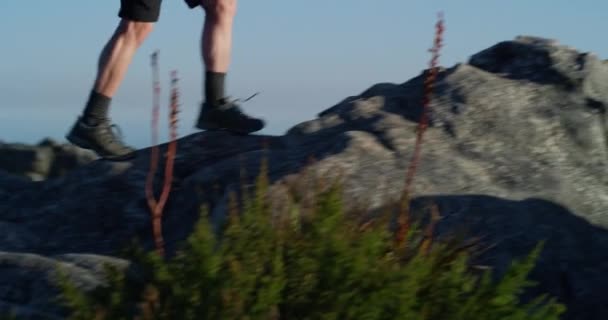 Man Wandelaar Oefening Berg Verkennen Benen Piek Met Rugzak Wandelen — Stockvideo