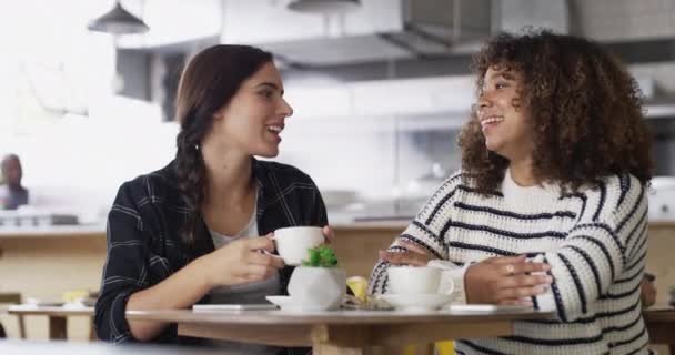 女人或朋友在咖啡馆里自私自利 闲聊或与社交媒体一起聊天 多样化或人们在说话 说话或喝茶时拍照或拍照 — 图库视频影像