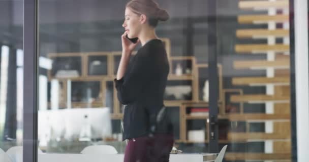 Llamada Celular Ventana Cristal Consultoría Mujer Negocios Conversación Discusión Con — Vídeo de stock