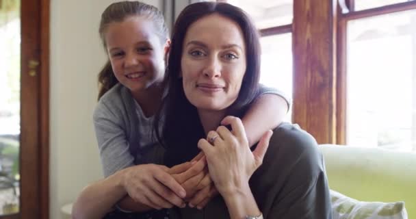 Hug Love Face Mother Girl Child Sofa Happy Bond Care — Stock Video