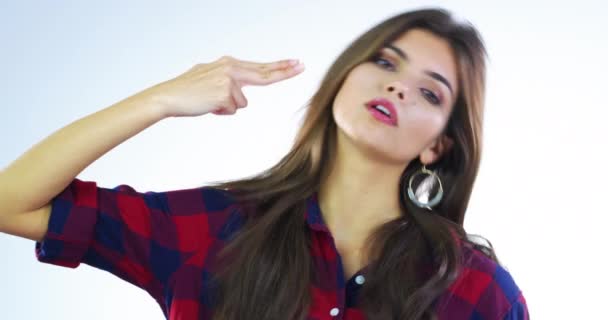 Finger Gun Depression Face Woman Studio Emoji Reaction Shoot Hand — Stock Video