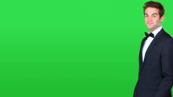 Чоловік Костюм Зелений Екран Великими Пальцями Успіху Події Спасибі Або — стокове відео