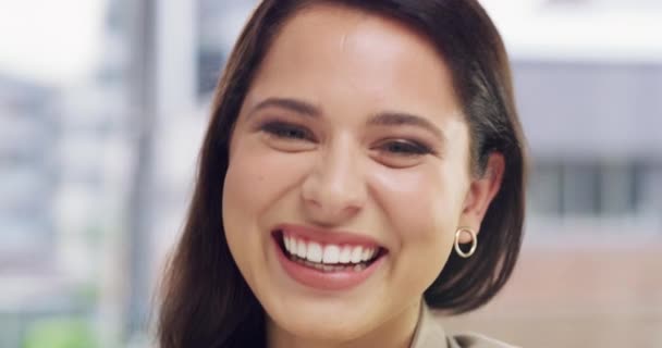 Glücklich Lachend Und Das Gesicht Einer Geschäftsfrau Büro Mit Einem — Stockvideo