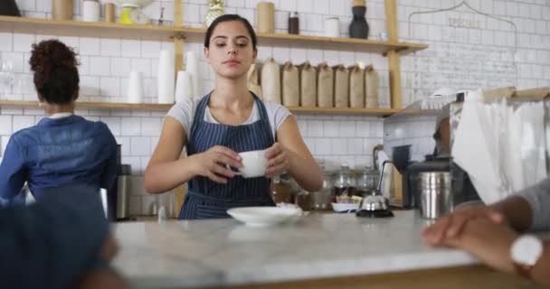 快乐的女人 咖啡店和咖啡店 服务员 工作和餐厅在创业 微笑和商店 业主及与同事 工人及围裙一同服务的餐厅 饮品及服务员 — 图库视频影像