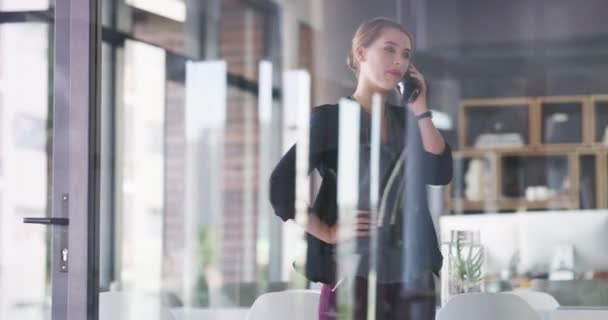Llamada Telefónica Ventana Cristal Feliz Mujer Negocios Consultoría Conversación Discusión — Vídeo de stock