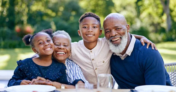 Children, hug or portrait of grandparents in nature with smile in park for love or support in black family. Elderly grandma, happy or African kids with a senior man to relax or bond in retirement.