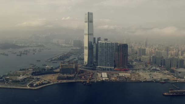 Miasto Port Drapacz Chmur Krajobrazie Drona Hongkongu Rozwój Infrastruktura Dla — Wideo stockowe