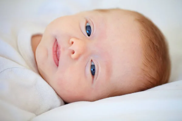 Closeup Portrait Baby Wake Bedroom Sleep Relax Peaceful Morning Infant — Stock Photo, Image