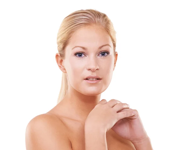 Retrato Cuidado Piel Mujer Con Belleza Cosméticos Bienestar Aislados Fondo — Foto de Stock