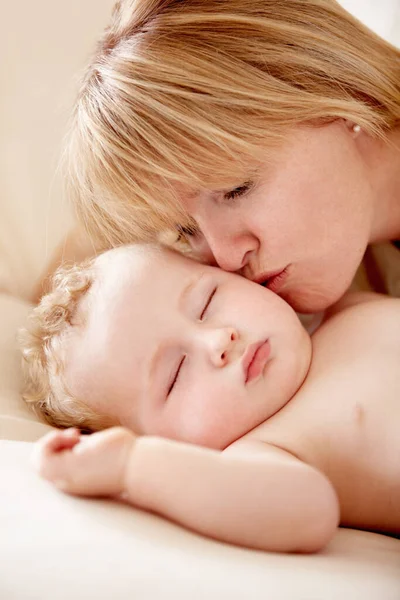 Family Love Mother Kissing Her Baby Closeup Bed Home Bonding Royalty Free Stock Photos