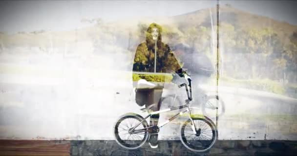 공원에서 트릭에 자전거에 자전거와 야외에서 자전거를 피트니스 스포츠 오버레이 자전거 — 비디오