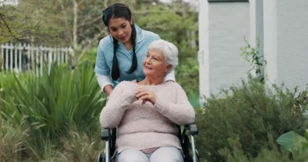 ヘルスケアや朝の散歩のための車椅子に女性と話し 庭と介護者 ハッピー 看護ホーム 看護師が介護のための芝生に障害のあるシニア患者に話す — ストック動画