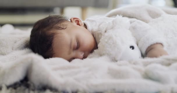 宝宝睡在毛毯上和泰迪熊在客厅里舒适的家 放松和甜蜜的女婴在一所现代房子的休息室里小睡片刻 — 图库视频影像
