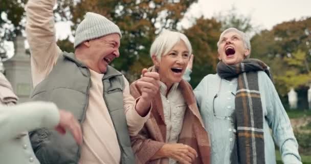 Conversación Risas Amigos Ancianos Parque Sentado Banco Para Tomar Aire — Vídeo de stock