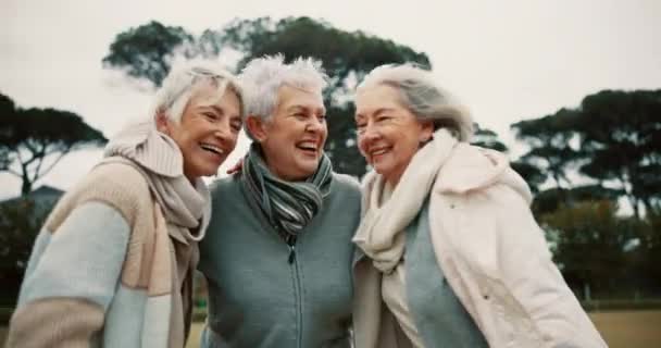 Обнимаются Паркуются Пожилые Женщины Пенсионерами Улыбаются Радуются Общению Качественному Времяпрепровождению — стоковое видео
