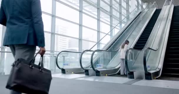 Aeroporto Costas Colegas Negócios Uma Escada Rolante Com Bagagem Para — Vídeo de Stock