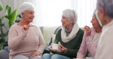 Arkadaşlar, sohbet ve ev ziyaretinde kanepede toplanırken rahatlamak için kahve ve bisküvi içen yaşlılar. Koltuk, oturma odası ve dinlenme odasında çay içen yaşlı kadınlar..