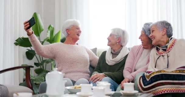 Phone Selfie Senior Woman Friends Living Room Home Together Tea — Stock Video