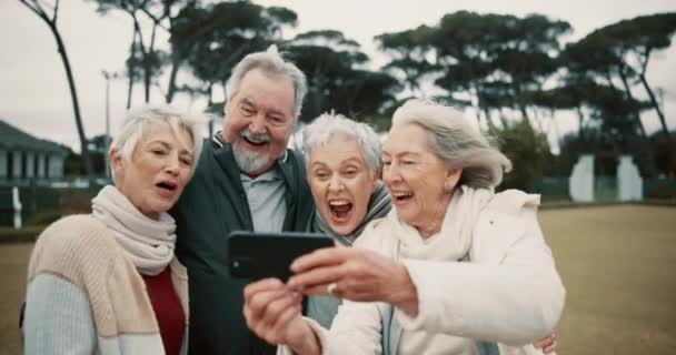 Senioři Šťastní Nebo Přátelé Společně Parku Udělají Selfie Památku Úsměvem — Stock video