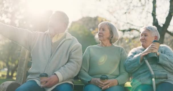 与老年人在公园长椅上悠闲 祥和地等待着退休 与老朋友一起在花园享受幸福 对话和幸福的微笑 健康和自由 — 图库视频影像