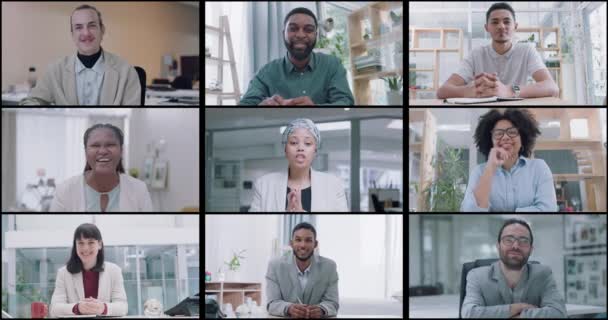 Videosamtal Collage Konferens Möte Eller Business Team Diskussion Samarbete Och — Stockvideo