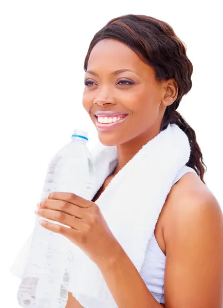 Mujer Negra Fitness Agua Con Pensamiento Sonrisa Del Deporte Entrenamiento —  Fotos de Stock