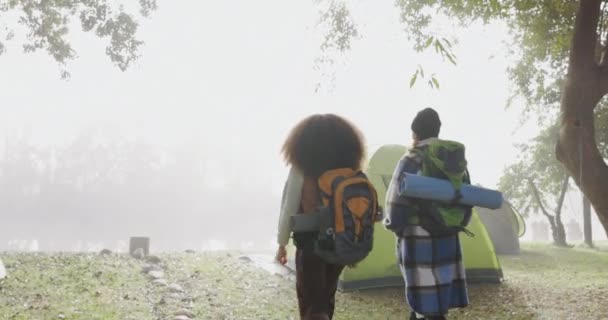 背着背走远足 背着背包 伙伴和航海的树林 女朋友 大自然 一起在雾中 户外或森林里探险 度假或度假 — 图库视频影像