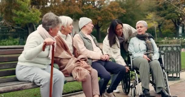 照料者 放松和老年人在公园里的结合 健康和质量的时间一起在户外 轮椅和快乐的老年男女以及坐在长椅上 在大自然中散步的妇女 — 图库视频影像