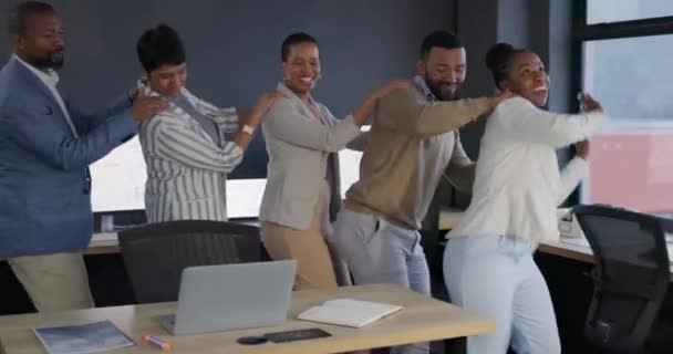 商务人士 康嘉舞和多样性与庆祝和幸福 精力与Kpi目标和团队 职业交易和政党 在职男性和女性 双赢和公司成长 — 图库视频影像
