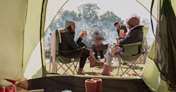 咖啡杯 大自然野营和快乐的人们敬酒 放松和交谈 说话和享受户外对话 露营者自由和女友交流 健康和喝热巧克力 — 图库视频影像
