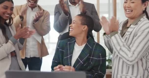 Happy Black Woman Congratulations Business People Applause Celebration Excited Winning — Stock Video