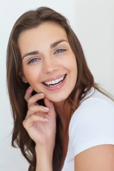 Portrait Smile Skincare Young Woman Studio White Background Natural Dermatology — Stock Photo, Image