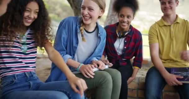 Amici Adolescenti Scolaretti Che Parlano Pausa All Aperto Felici Insieme — Video Stock