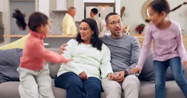Jump Hug Family Sofa Love Happy Bonding Home Together Smile — Stock Video