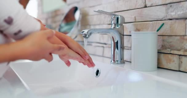 Helping Child Hands Washing Water Tap Hygiene Morning Bathroom Routine — Stock Video
