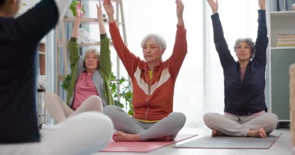 Mujeres Mayores Grupo Yoga Entrenadoras Meditación Paz Oración Manos Ejercicio — Vídeos de Stock
