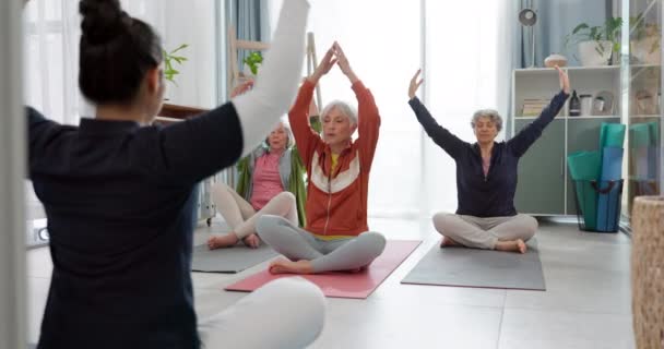 Femmes Âgées Cours Yoga Coach Méditation Lotus Mains Prière Pour — Video