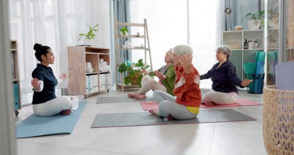 Anziani Corso Yoga Allenatore Meditazione Loto Mani Preghiera Esercizio Fisico — Video Stock