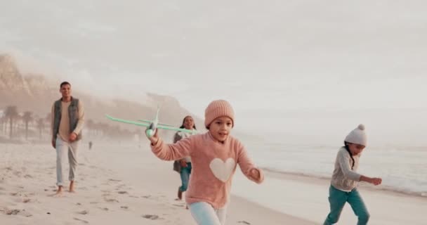 Avião Família Crianças Praia Jogando Jogos Férias Juntos Natureza Inverno — Vídeo de Stock