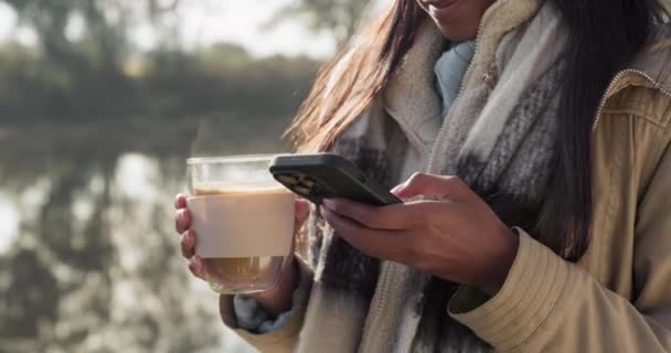 スマートフォン コーヒー 女性はアウトドアキャンプで 旅行と暖かい飲み物とチャットでタイピングします コミュニケーション モバイルアプリ 女性キャンパー カフェインドリンク ソーシャルメディアコンタクト — ストック動画